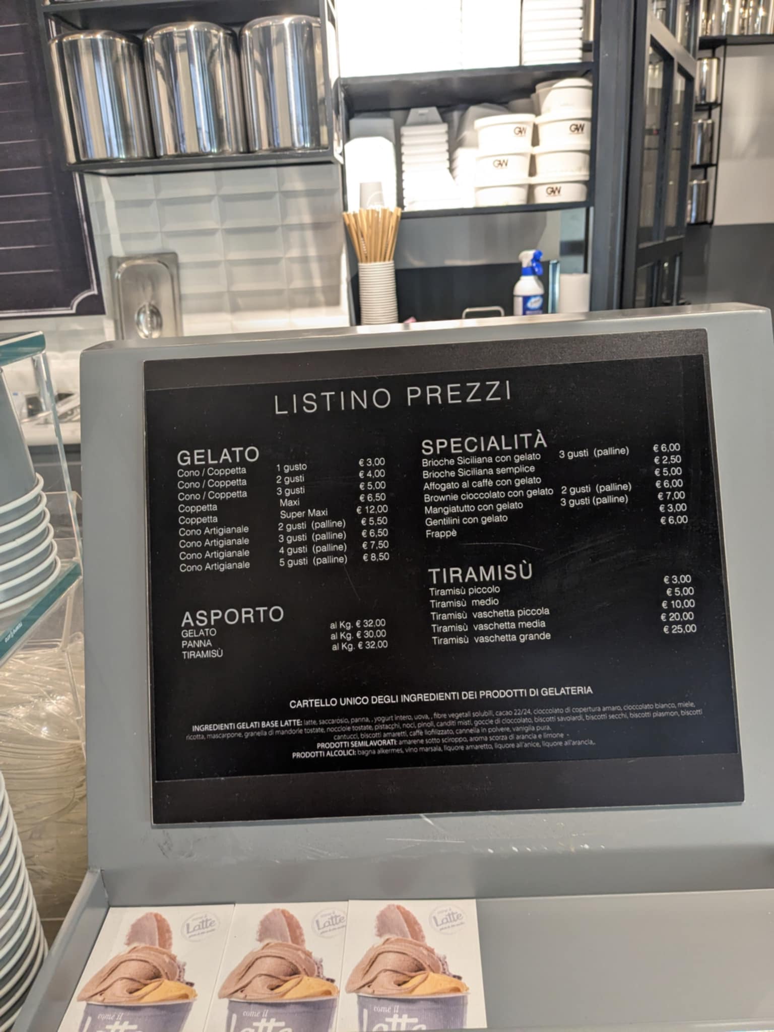 Carte des prix Come il Latte